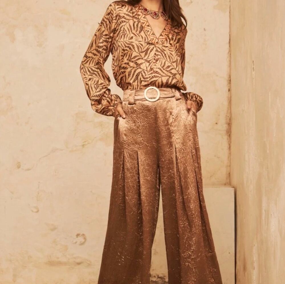 Nekane NKN Metallic Magenta Palazzo Pants Wide Leg Pleated Holiday Party L NWT